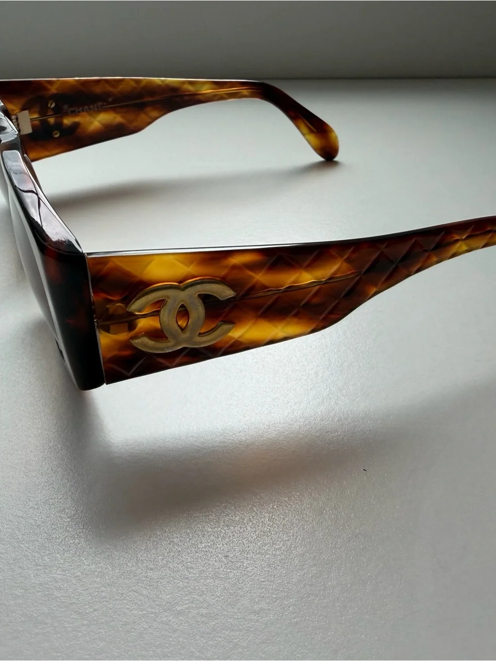 Authentic CHANEL Tortoiseshell Quilted Temple Sunglasses - Brown & Gold